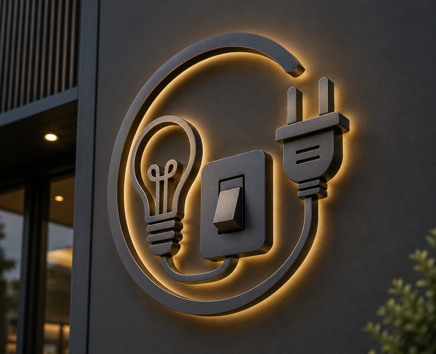3D sculptural electrical signage featuring raised bulb, plug, and switch icons with warm backlighting on a premium storefront wall.