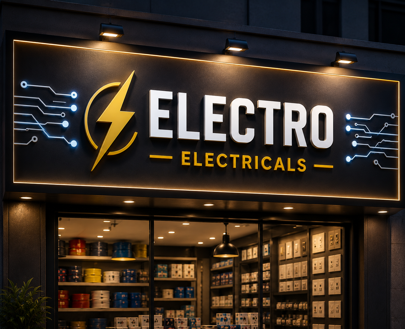 Bold electrical shop banner design with illuminated circuit-inspired typography and lightning bolt signage on a modern storefront