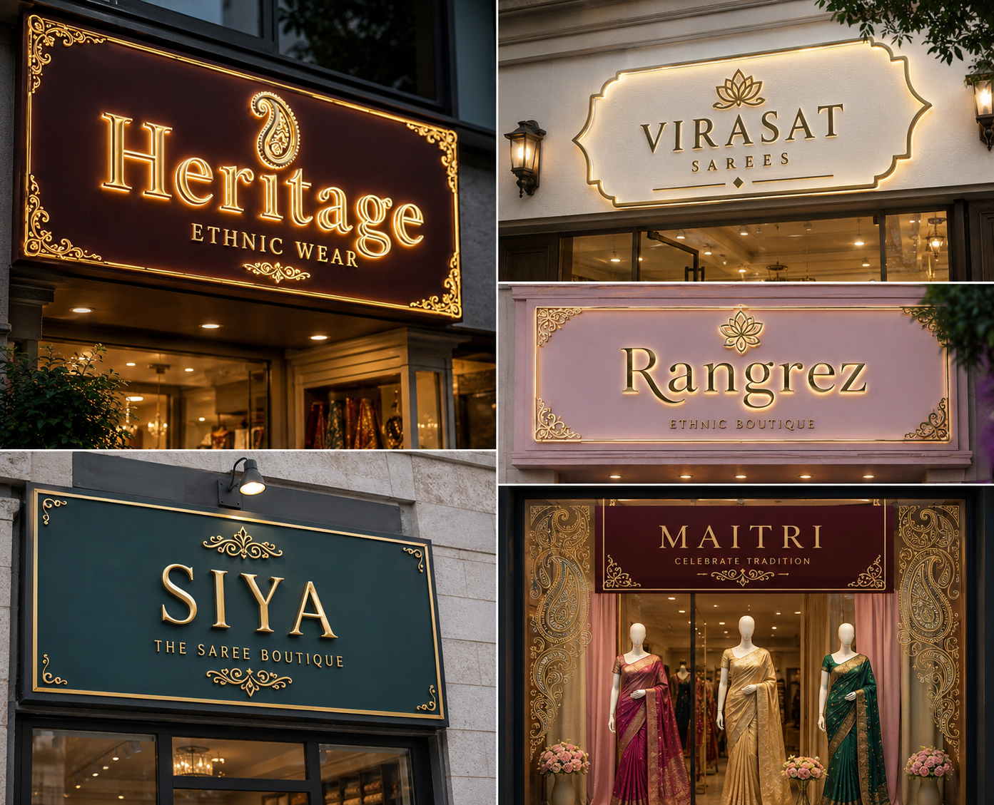 Boutique board design ideas featuring elegant gold lettering, backlit signage, paisley details and ethnicwear storefront displays