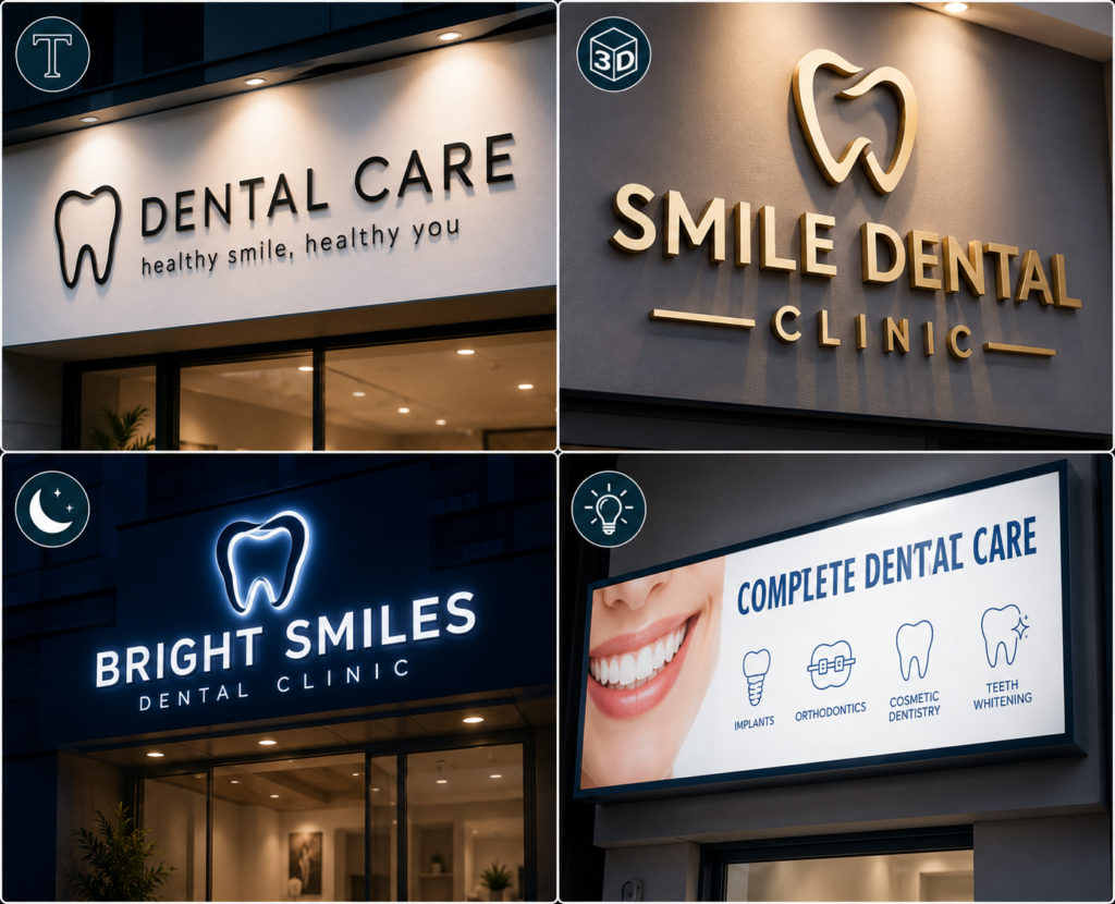 Clinic name board design ideas featuring minimalist typography, acrylic 3D letters, glow signboards, and front lit sign boards