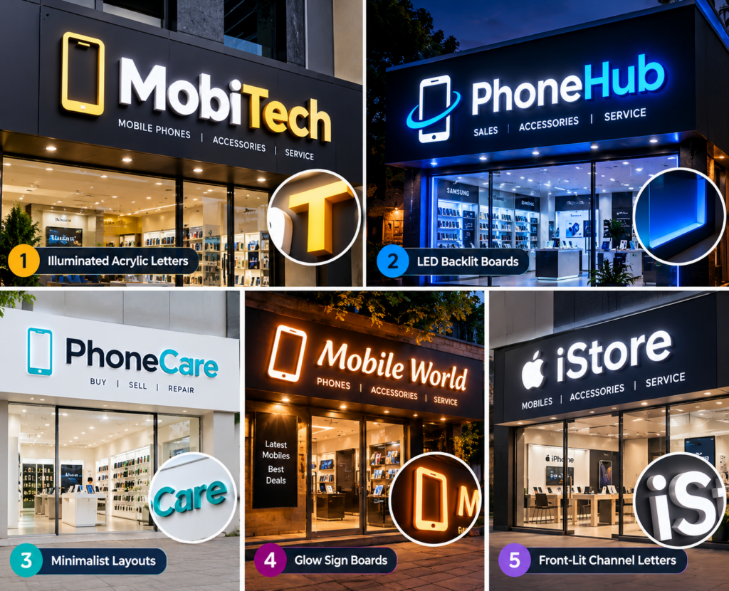 Mobile shop name board design ideas