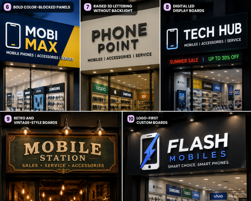 Mobile shop name board designs featuring bold color panels, 3D lettering, LED displays, vintage boards and logo-first signage