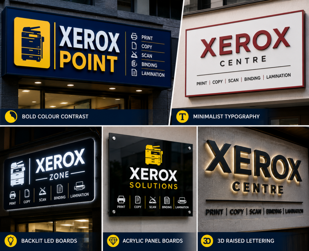 Xerox board design ideas featuring bold colour contrast, minimalist typography, backlit LED boards, acrylic panels, and 3D raised lettering.