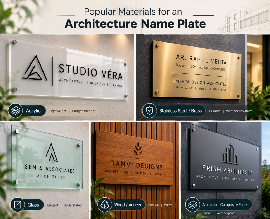 Architecture name plate designs in acrylic, stainless steel, brass, glass, wood veneer, and aluminium composite panel finishes.