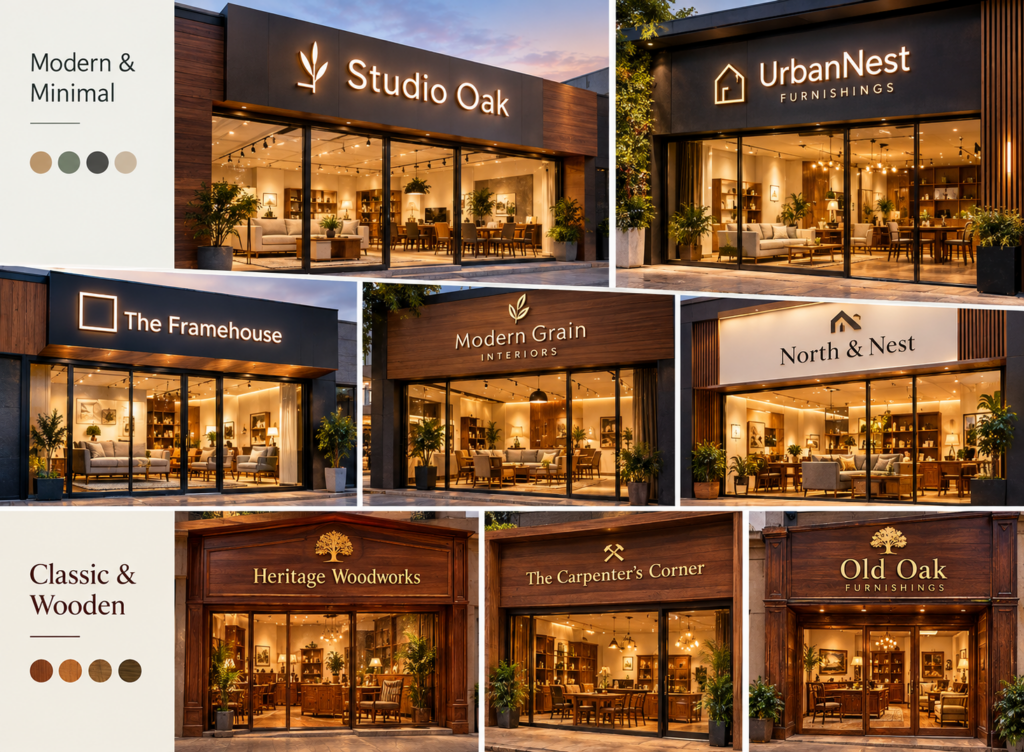 Furniture shop name ideas and modern wooden storefront signboard designs