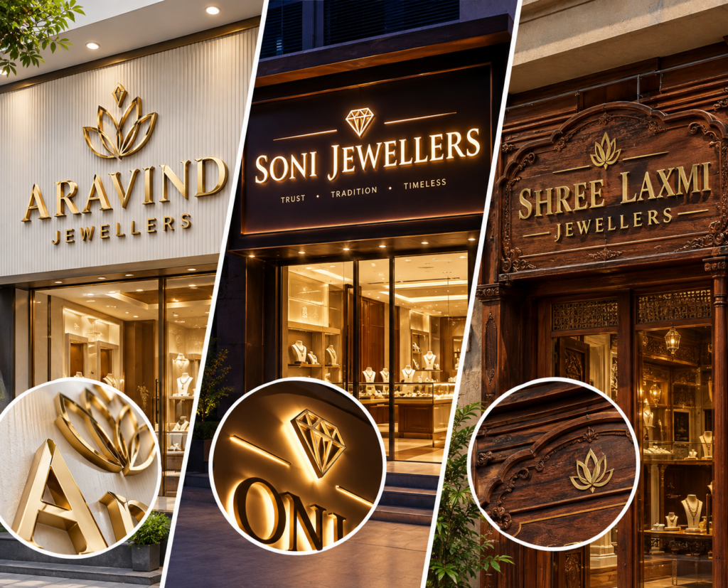 Jewellery board design featuring acrylic 3D letters, front-lit signage, and traditional wood and brass boards