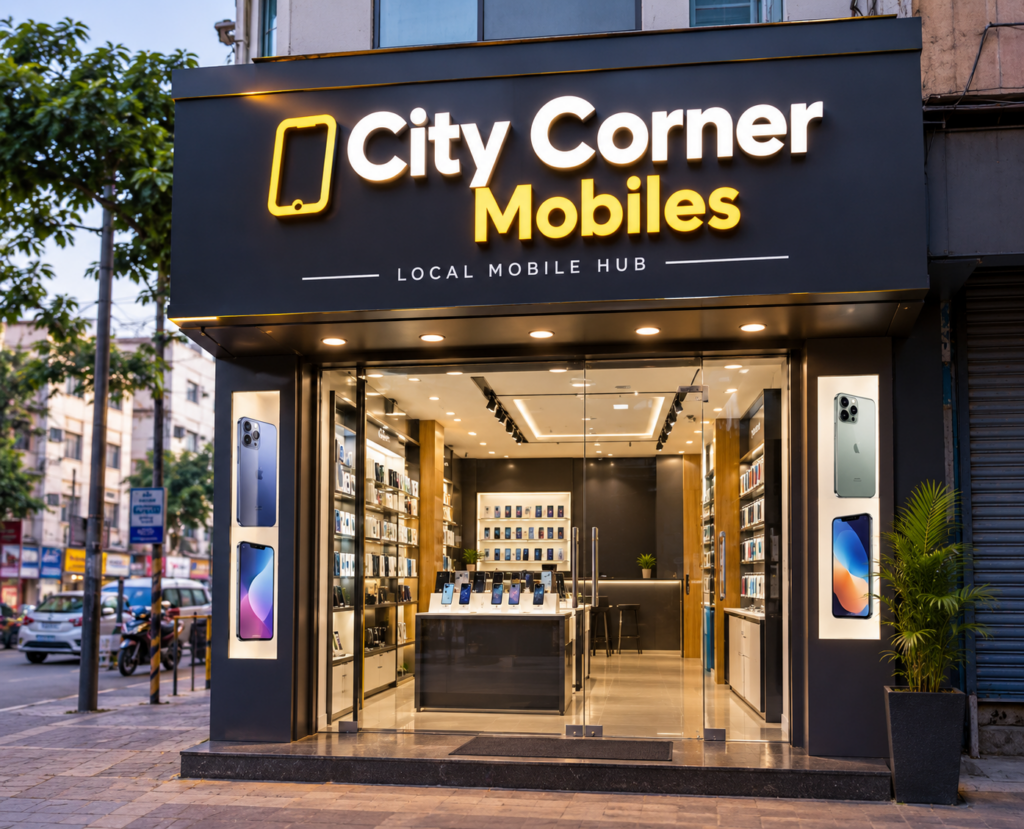 Modern mobile shop storefront with City Corner Mobiles signboard