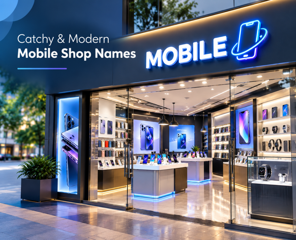 Modern mobile shop storefront with LED signage and smartphone displays representing catchy and modern mobile shop names in India.