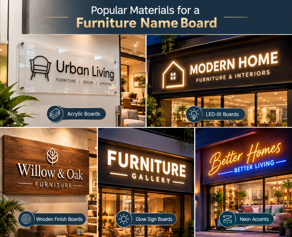 Popular furniture name board designs featuring acrylic, LED-lit, wooden finish, glow sign, and neon accent boards.
