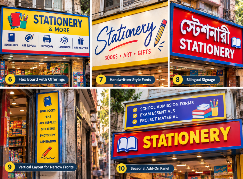 Stationery shop flex board and signboard design ideas collage