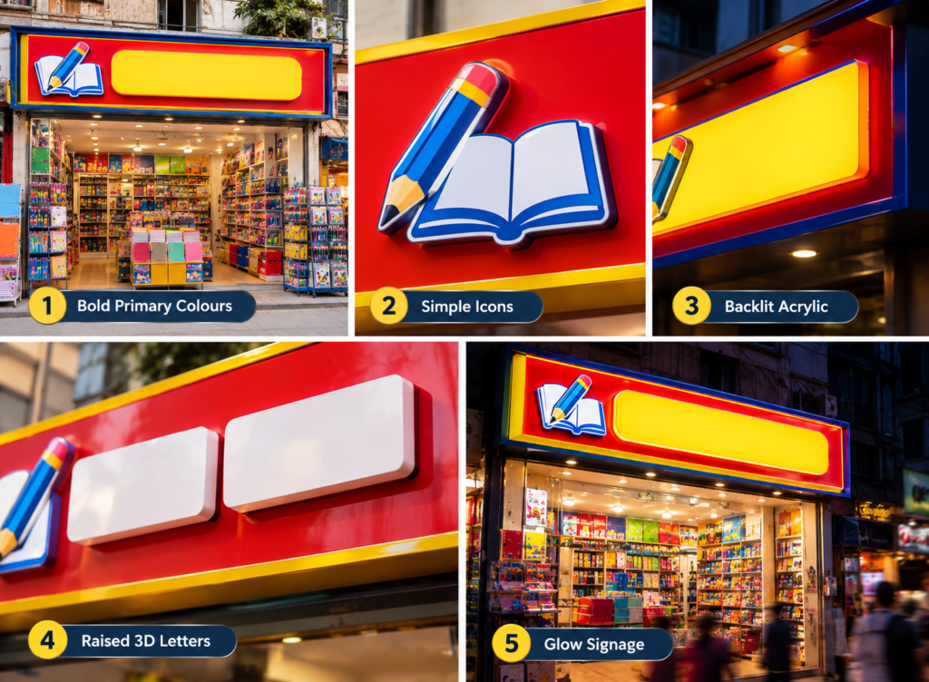 Stationery shop signage collage featuring bold colours, simple icons, backlit acrylic, raised 3D letters and glow signage