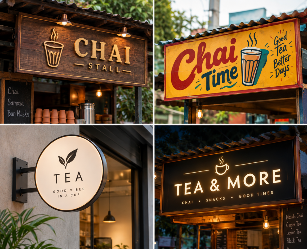 Tea shop name board design ideas featuring wooden, colorful, modern, and illuminated signboards