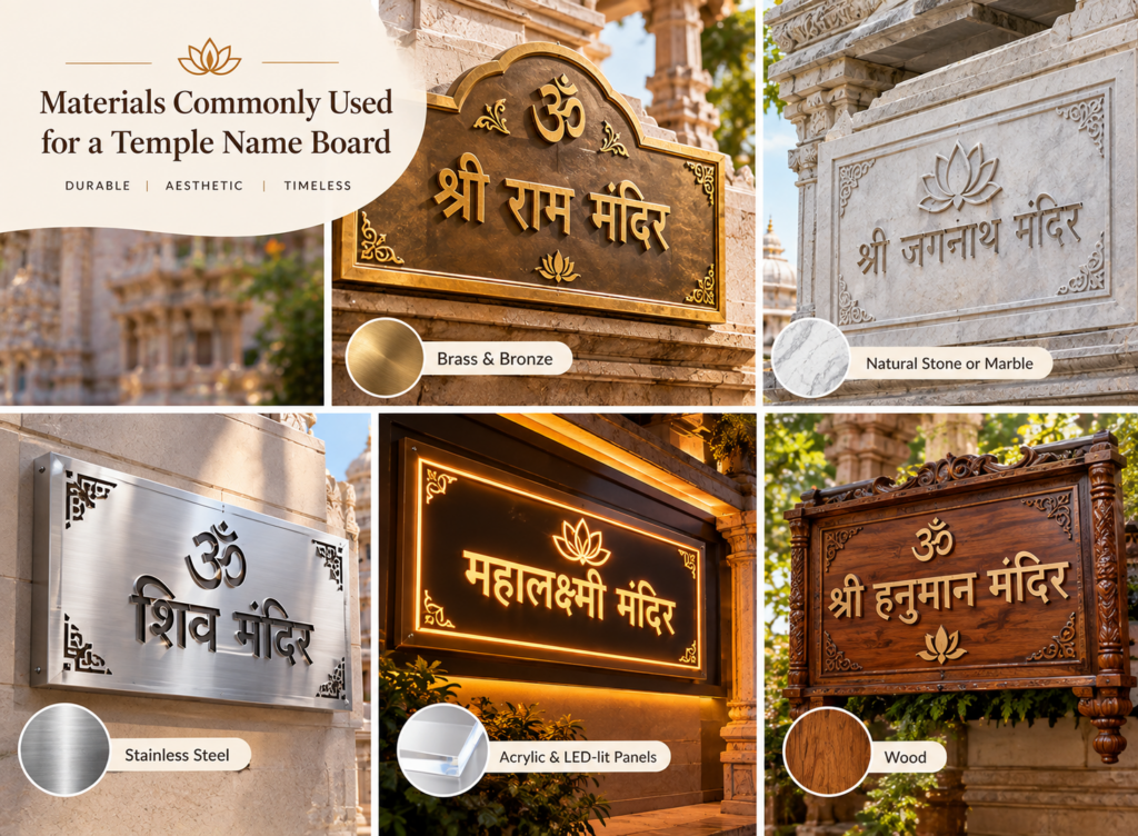 Temple name board materials including brass, stone, stainless steel, acrylic LED, and wood designs