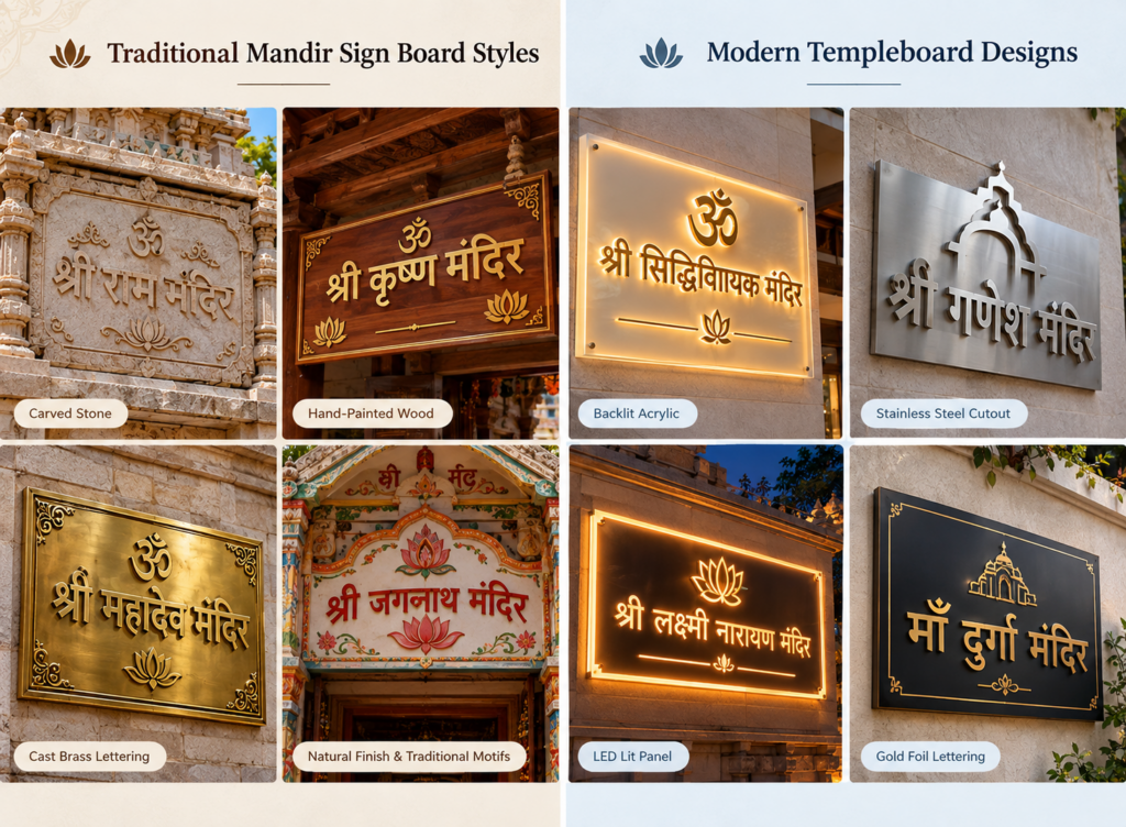 Traditional and modern temple name board designs