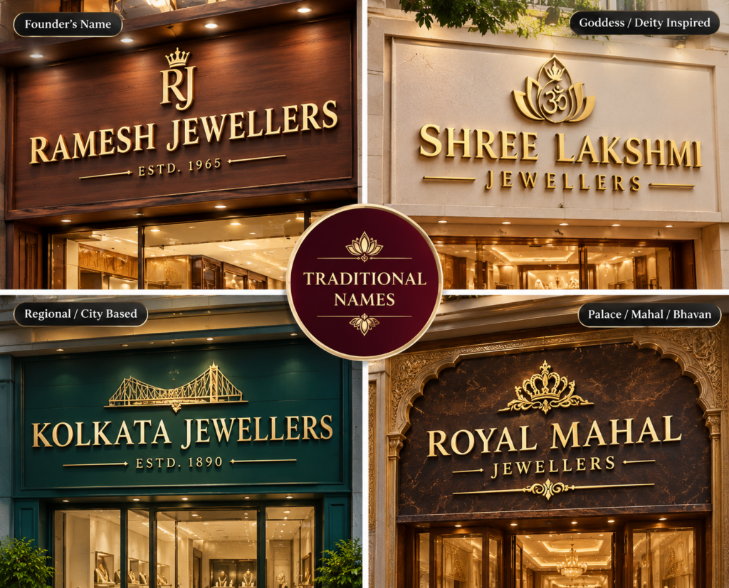 Traditional jewellery shop board designs featuring founder, deity, regional, and palace-inspired names