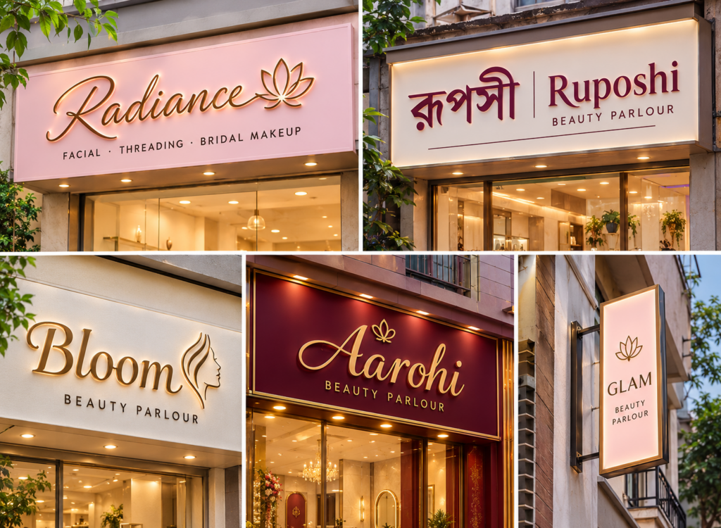 Beauty parlour sign board design ideas in pastel pink, maroon, and gold.