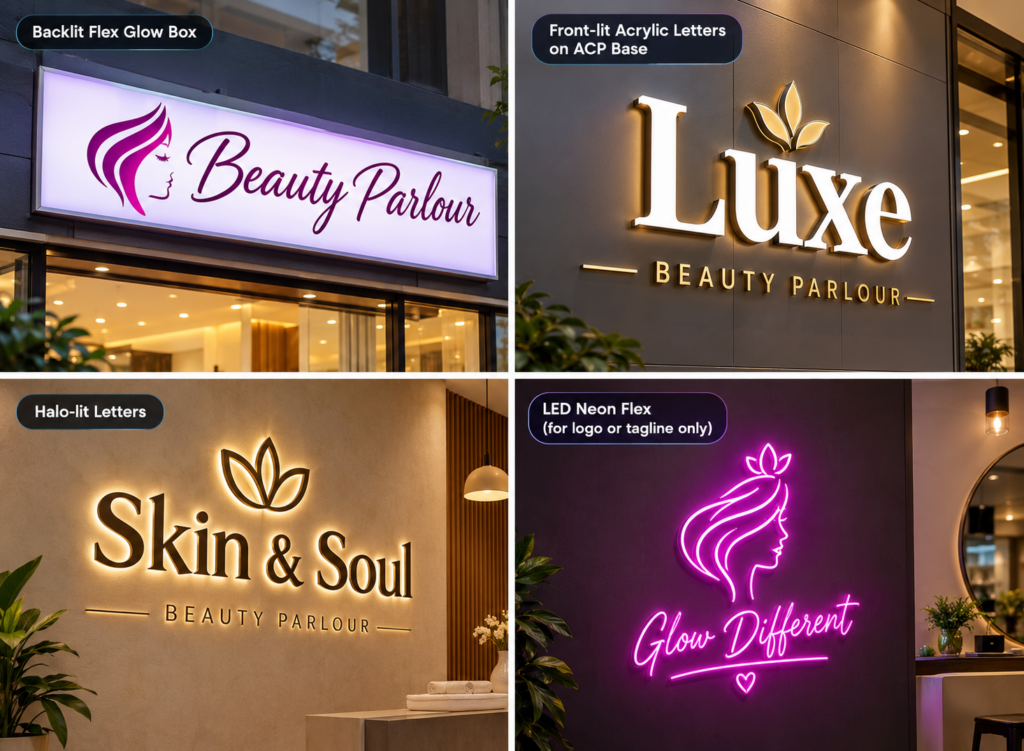 Beauty parlour signboard designs featuring backlit flex, front-lit acrylic, halo-lit letters, and LED neon flex.