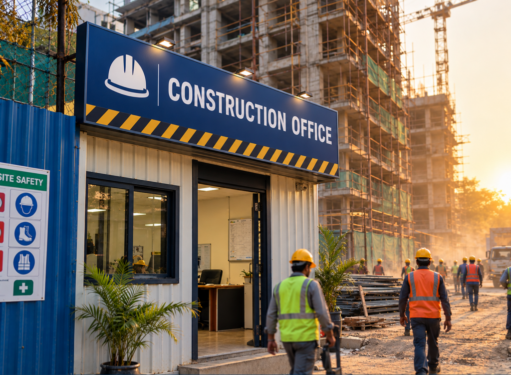 Construction office name board mounted above a site office in Kolkata