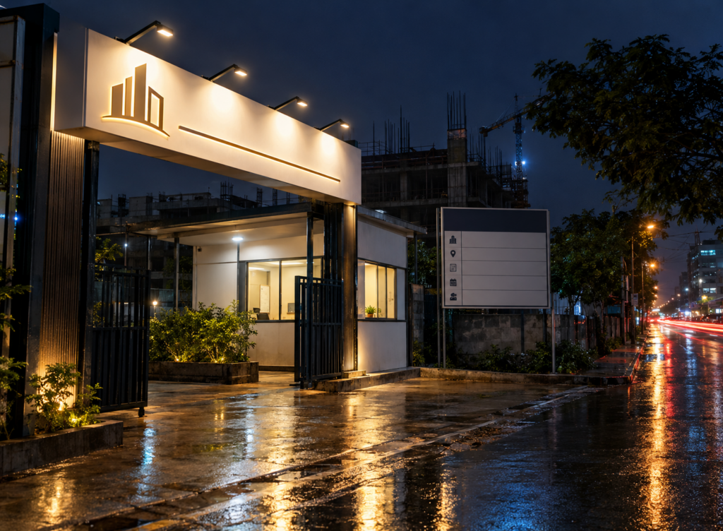 Front lit construction name board and project information board at a site gate at night
