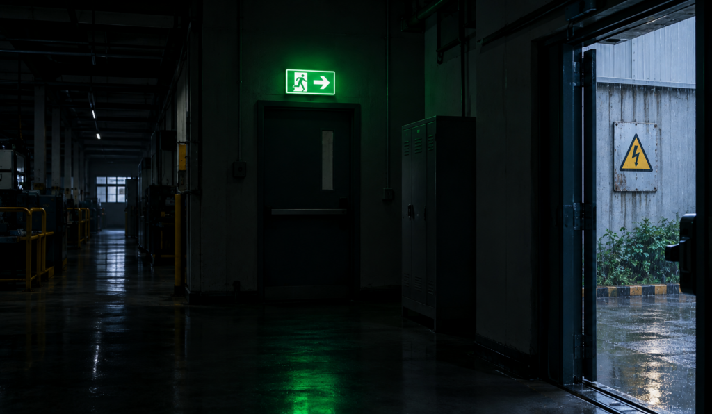 LED emergency exit sign visible during a power cut in a workplace corridor