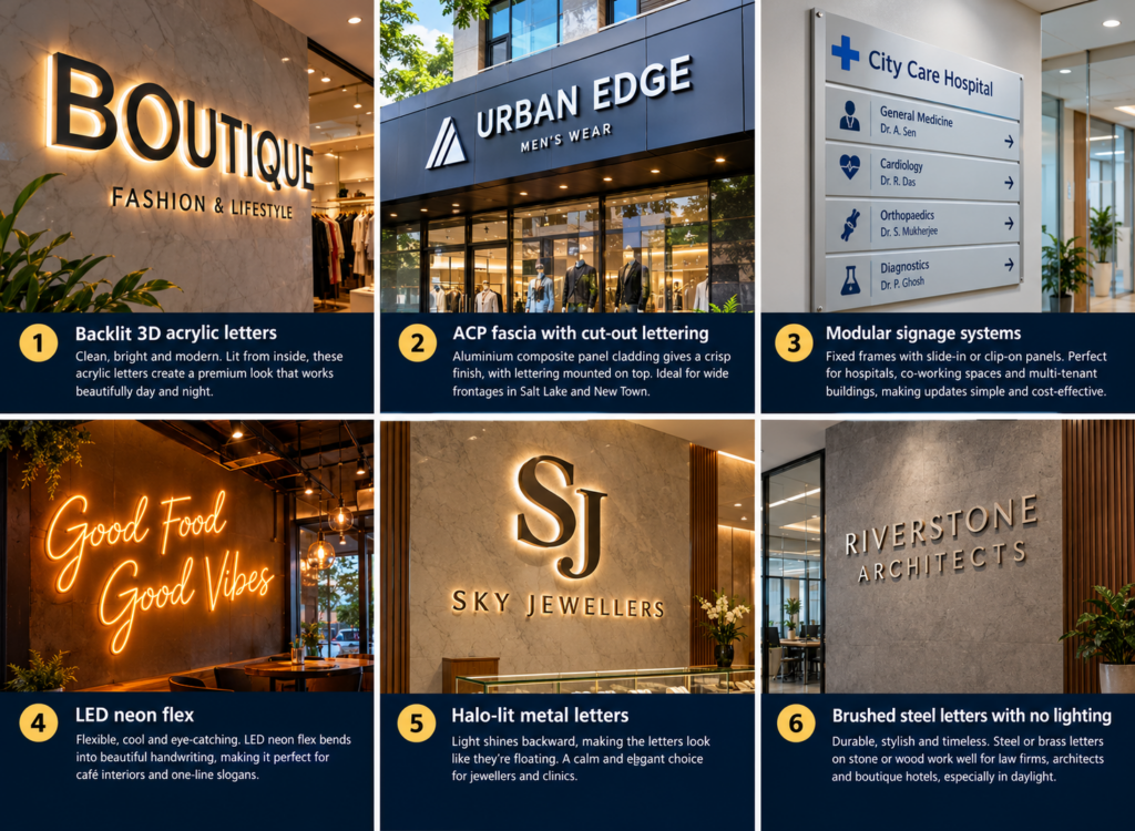 Modern signboard designs collage with six signage styles