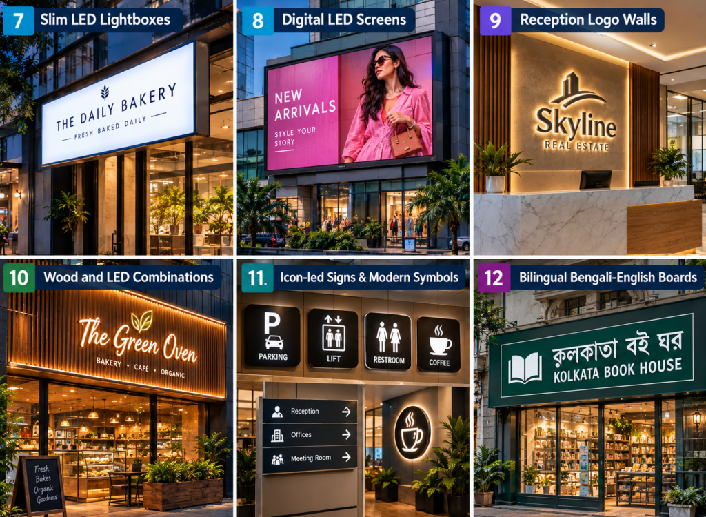 Modern signboard designs featuring slim LED lightboxes, digital LED screens, reception logo walls, wood and LED signs, icon-led signage, and bilingual Bengali-English boards in Kolkata.