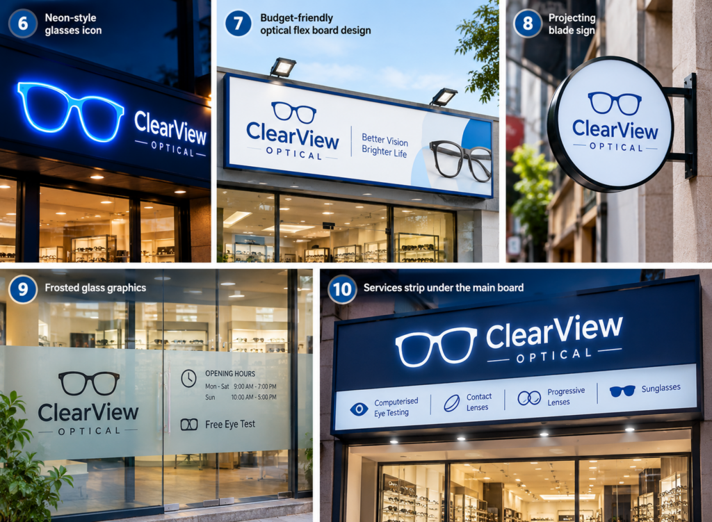 Optical shop signage design collage featuring neon glasses, flex boards, blade signs, frosted glass graphics, and service panels.
