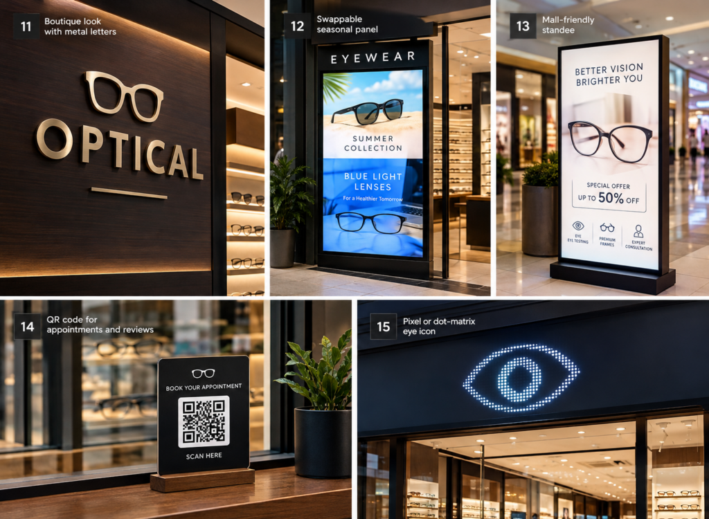 Optical shop signage design ideas featuring metal letters, seasonal panels, mall standees, QR codes, and LED eye icons.