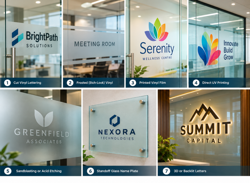 Company Name on Glass Doors and Walls, 7 Methods Compared (Which One Lasts Longest)