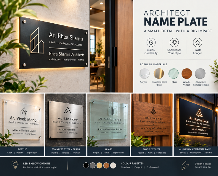 Architect name plate designs featuring acrylic, stainless steel, glass, wood, aluminium composite, and LED-lit signage.