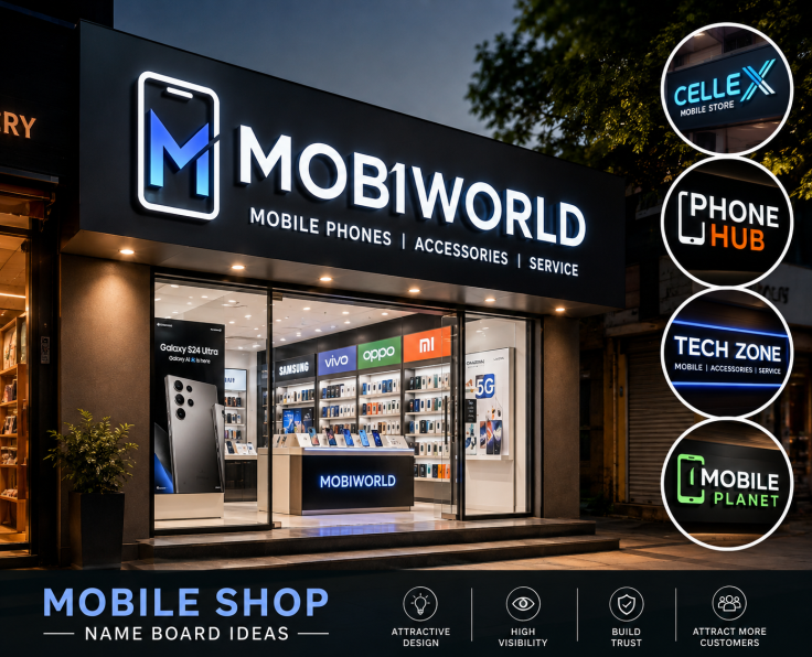 Modern mobile shop name board design with illuminated signage